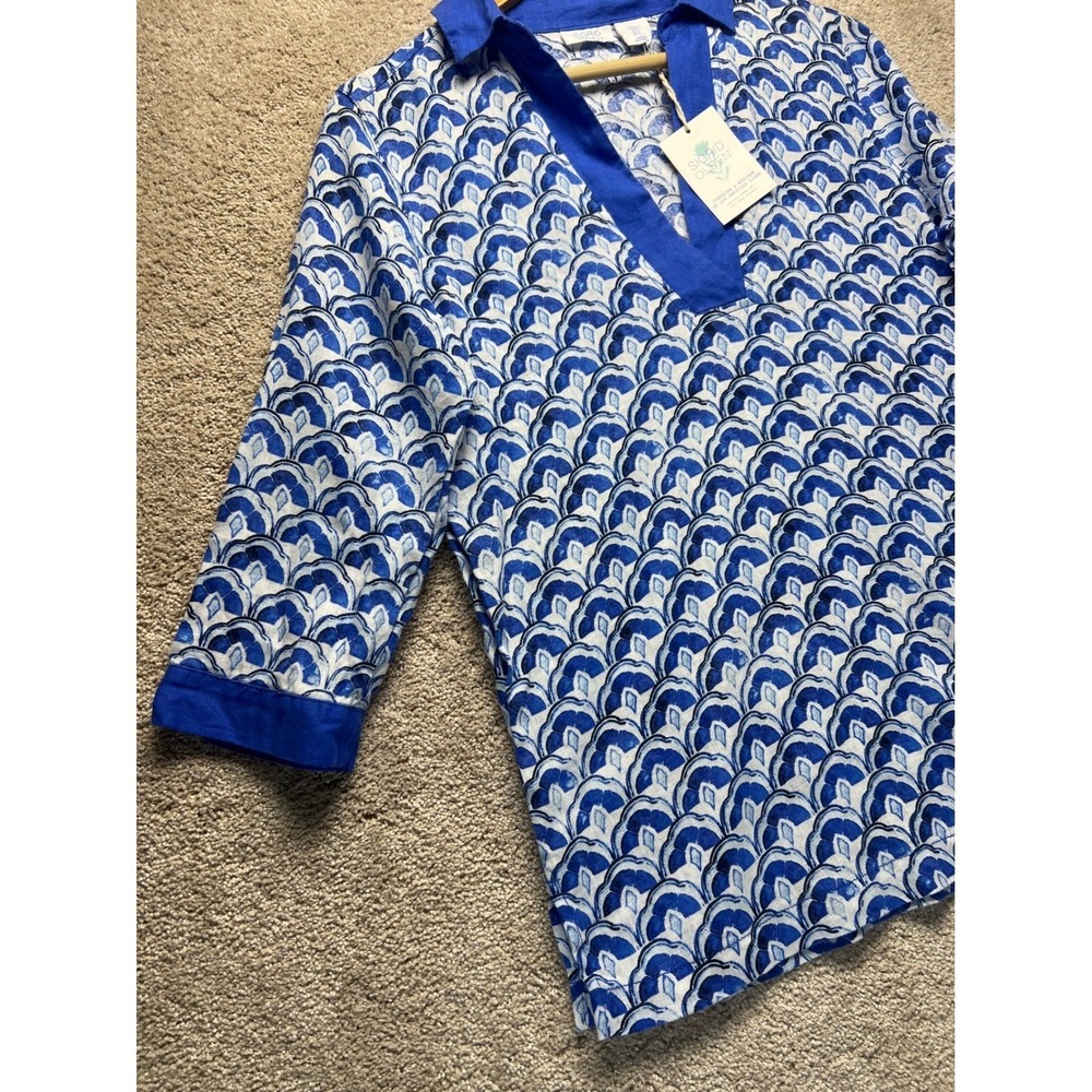 Sigrid Olsen Blue White Tunic Top Linen 3/4 Sleeve NWT V Neck Coastal Vacation S - Picture 10 of 12